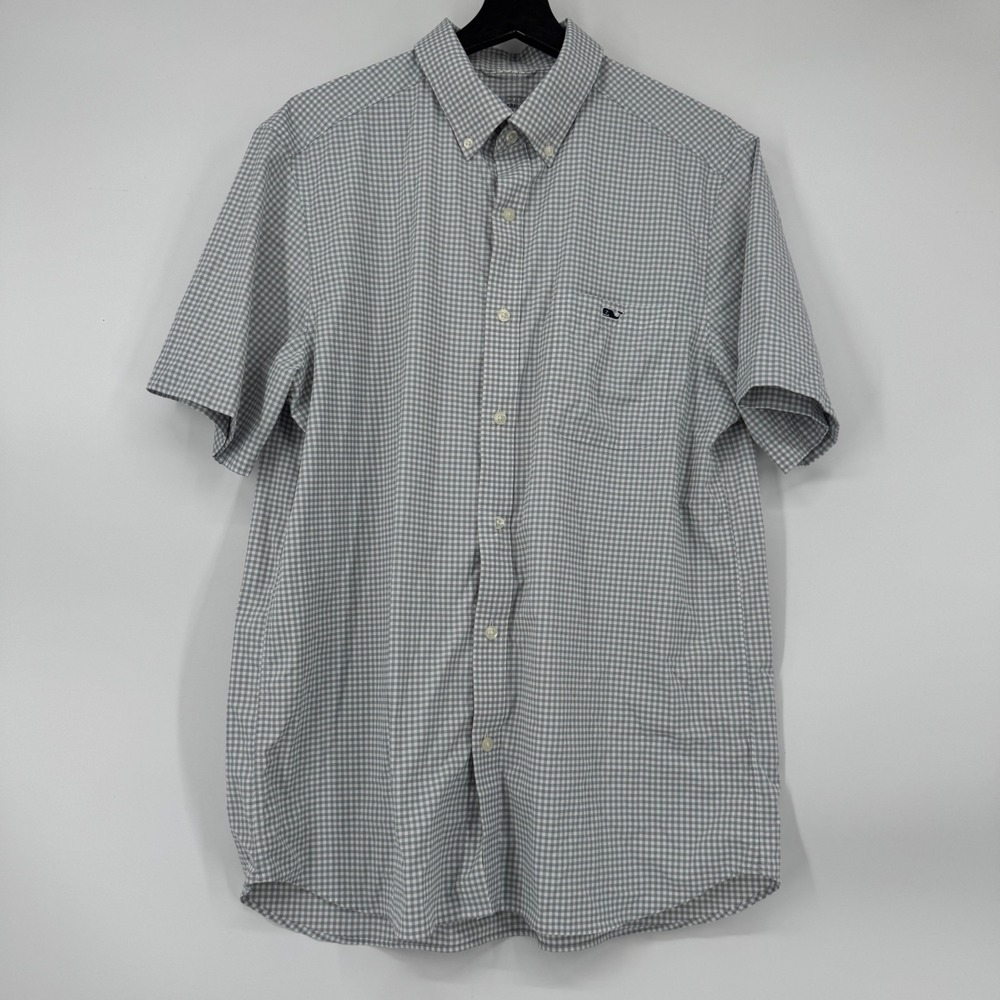 Vineyard Vines OTG On-The-Go Performance Gingham Shirt Mens Medium Grey White